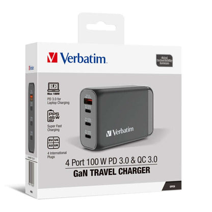 Verbatim 4 Port 100W PD 3.0 & QC 3.0 GaN Travel Charger packaging with international plugs for travel.