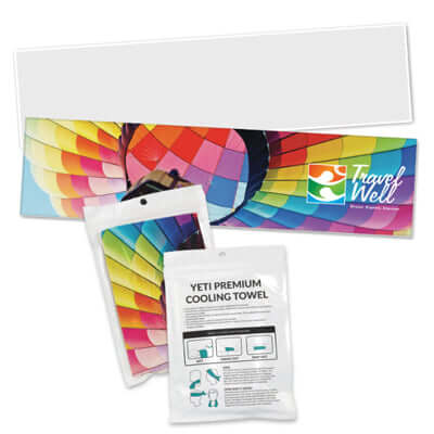 Yeti Premium Cooling Towel - Full Colour - Pouch displayed with vibrant color design, ideal for corporate gifts.