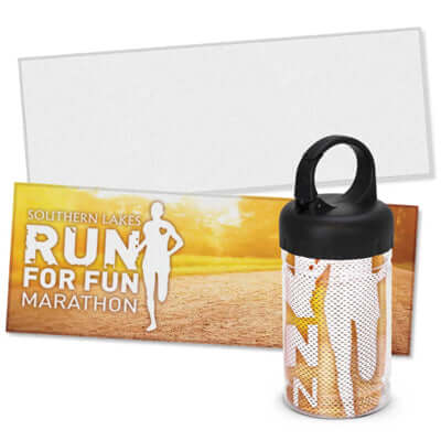 Yeti Premium Cooling Towel - Full Colour - Tube displayed with a promotional backdrop for a marathon event.