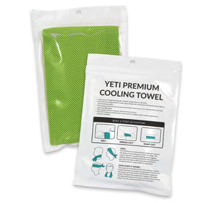 Yeti Premium Cooling Towel - Pouch packaging features instructions for use and a vibrant green towel.