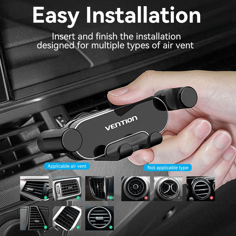 Vention Compact Car Phone Mount easy installation graphic showing compatible air vents for car phone mount.