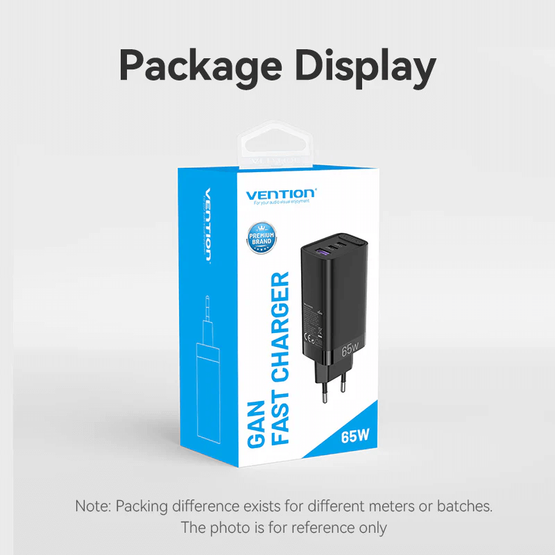 Vention 3-Port USB(C+C+A) Compact GaN Charger 65W packaging display for corporate gift.