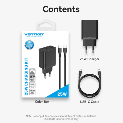 Vention 1-Port USB-C Wall Charger 25W product packaging with charger and USB-C cable