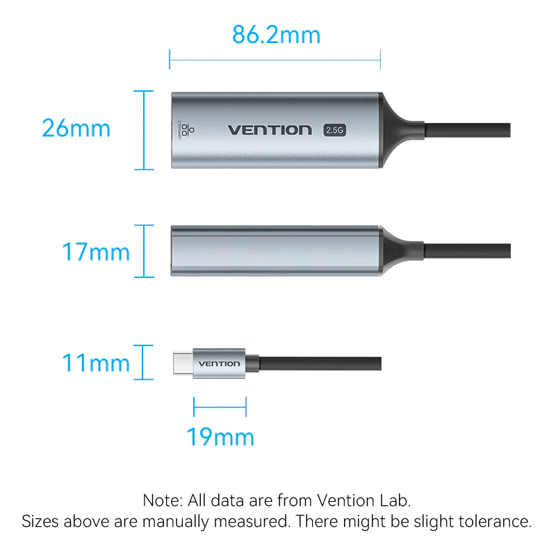 Vention USB-C to 2.5G Ethernet Adapter dimensions showing size measurements and design details