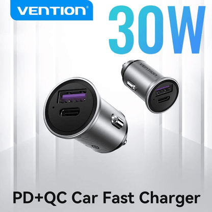 Vention Car Charger 30W PD+QC fast charger for efficient charging on the go.