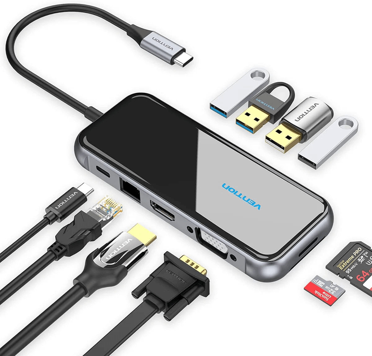 Vention 10-in-1 USB-C Docking Station with multiple ports and cables for versatile connectivity.