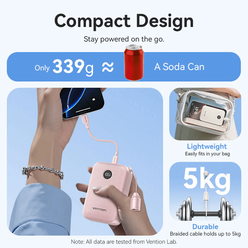 Vention Compact 20000mAh Power Bank 22.5W shown with smartphone, highlighting compact design and portability.