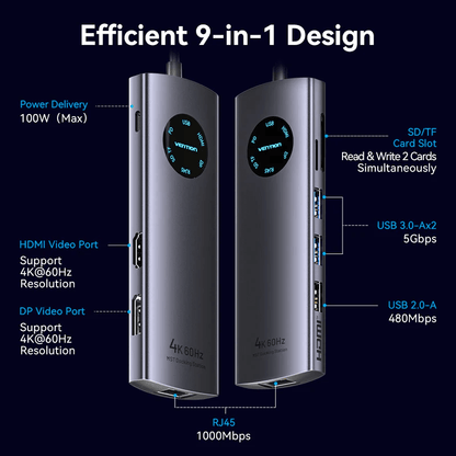 Vention 9-in-1 USB-C MST Docking Station showing efficient 9-in-1 design with multiple ports and 4K support.