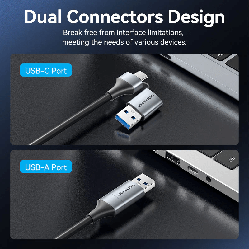 Vention USB-C/USB-A to 2.5G Ethernet Adapter showing dual connectors design for versatile connectivity.