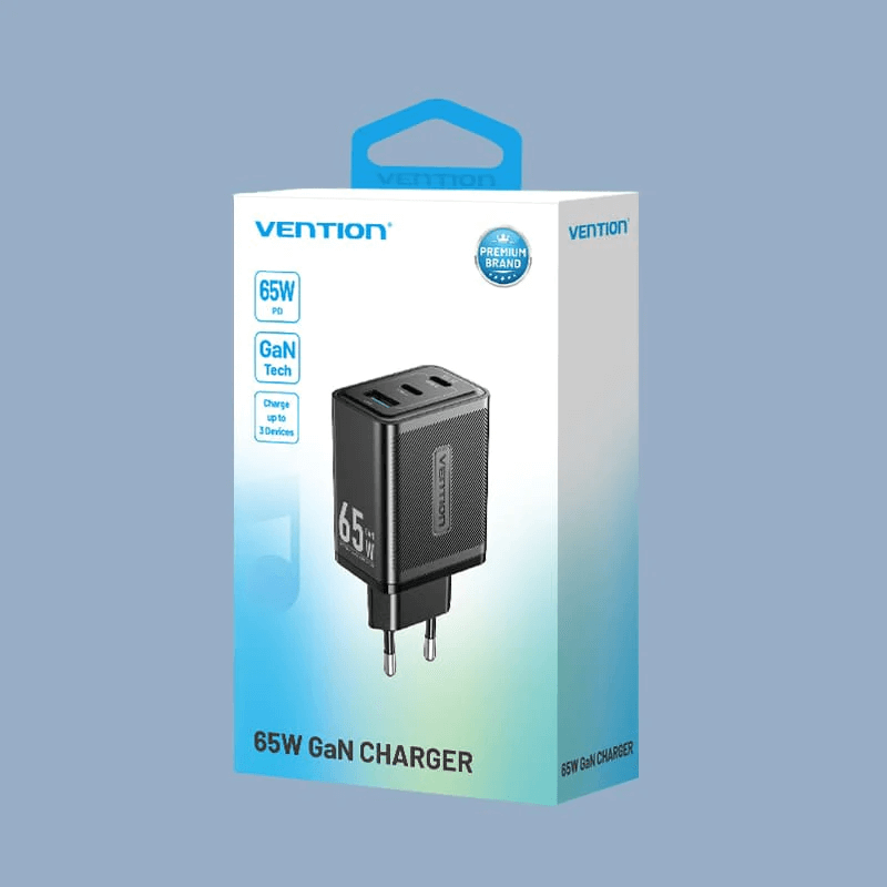 Vention 3-Port USB (C+C+A) GaN Charger 65W packaged product image displaying charger specifications.