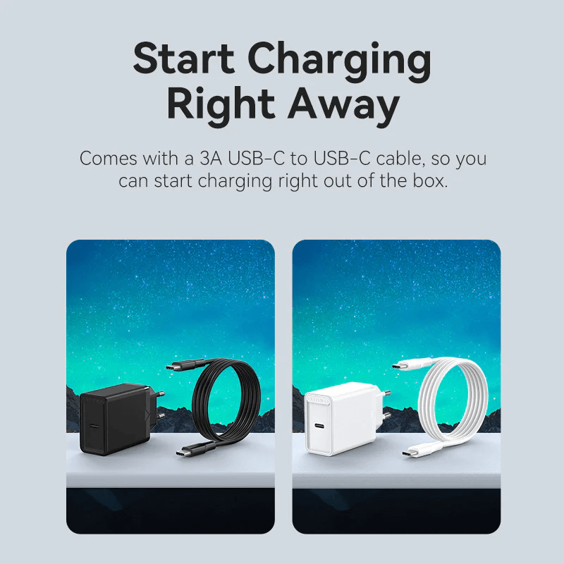 Vention 1-Port USB-C Wall Charger 25W with 3A USB-C to USB-C cable for efficient charging.