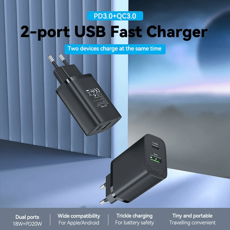 Vention 2-Port USB (A+C) Wall Charger - Compact fast charger for smartphones and tablets, perfect for travel.