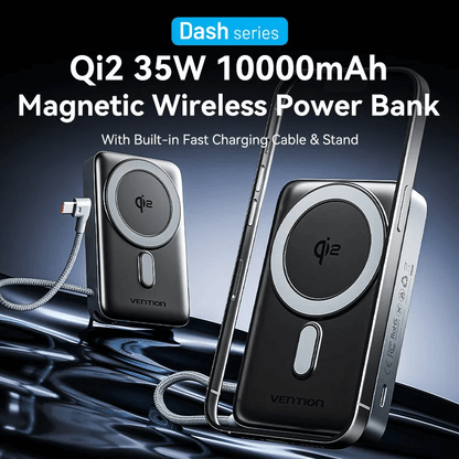 Vention Qi2 10000mAh Power Bank 35W with magnetic design and built-in fast charging cable and stand.