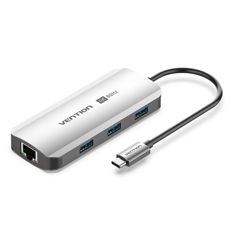 Vention 6-in-1 USB-C Hub with Ethernet showcasing multiple ports and a sleek design for modern connectivity.