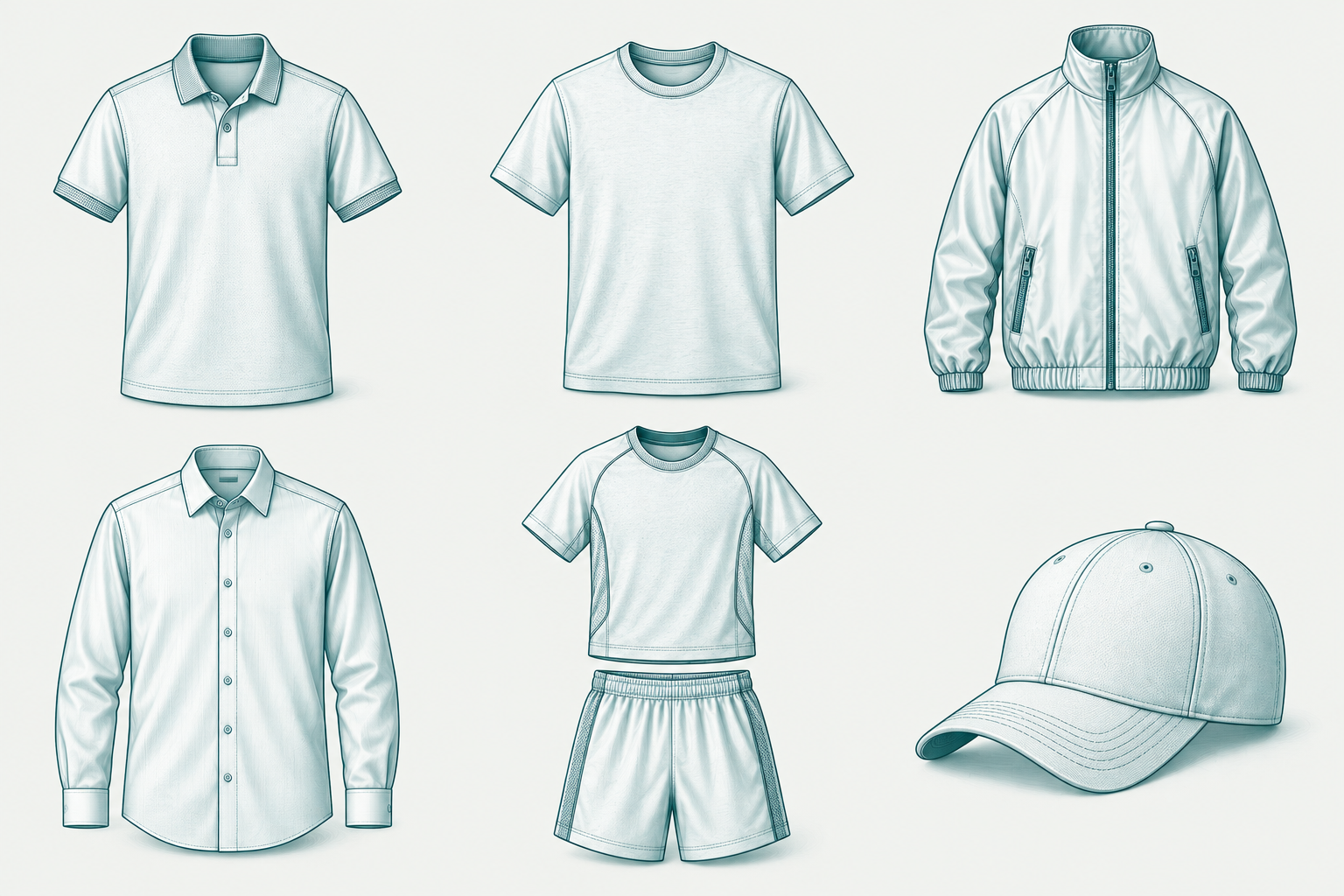 Teal outline of a short-sleeved polo shirt for corporate wear