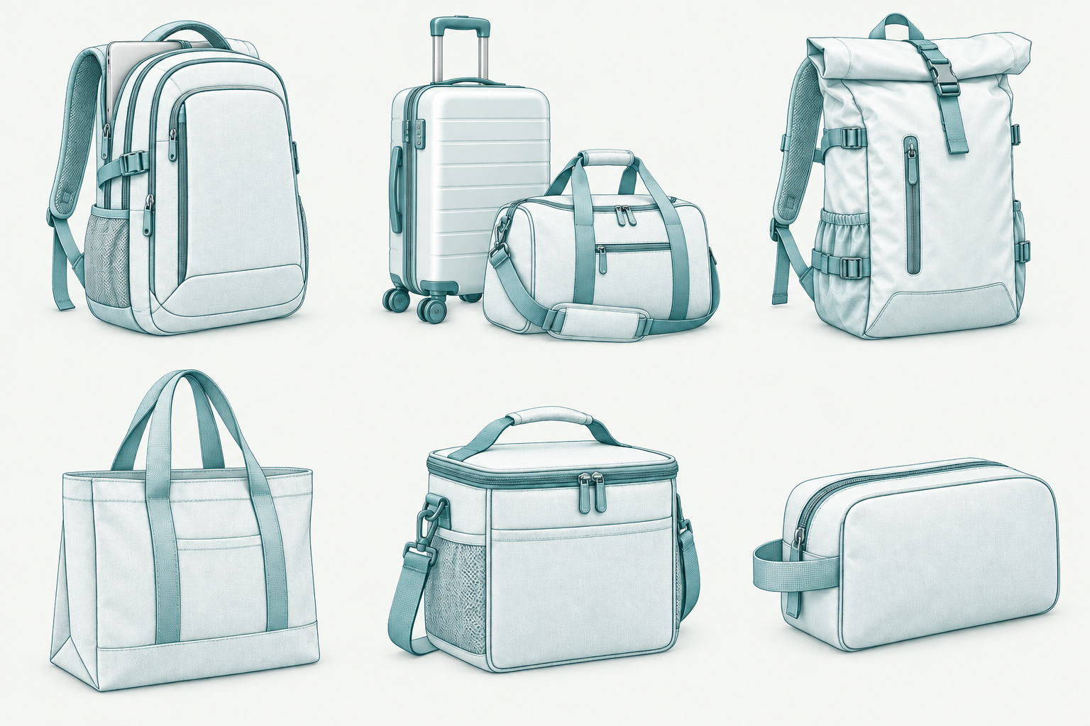 Teal outline of a rectangular briefcase with a handle and front pocket on white