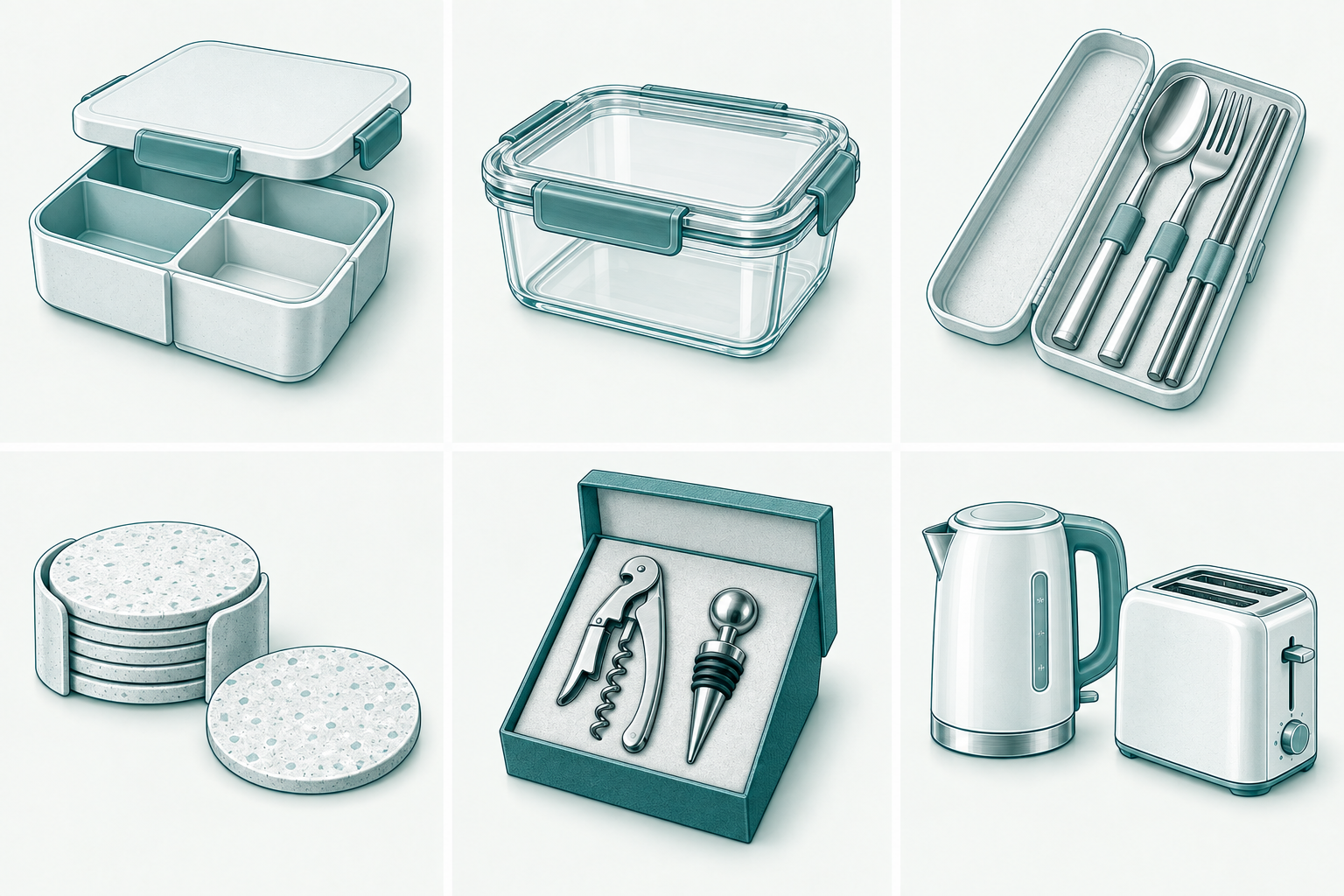 Teal line illustrations of two lunch boxes with cutlery on a white background