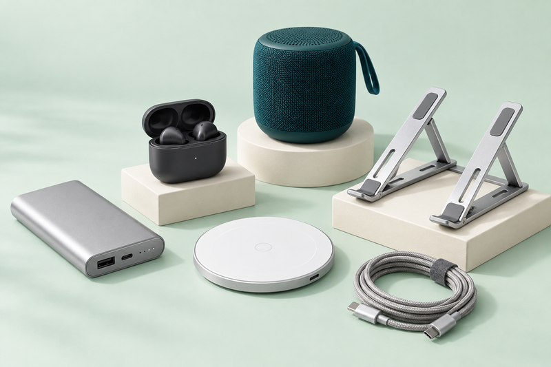 Technology gift collection with power bank earbuds speaker wireless charger and laptop stand