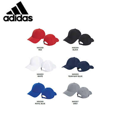 Different colors of Adidas Crestable Golf Performance Cap including red, black, white, team navy blue, royal blue, and grey.