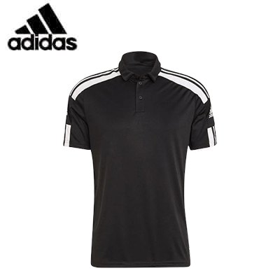 Adidas Squadra 21 Short Sleeve Polo in black with white stripes, perfect for sports and corporate gifts.