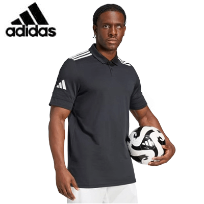 Adidas Squadra25 Cotton Polo Shirt worn by a man holding a soccer ball, showcasing sporty style for fans.
