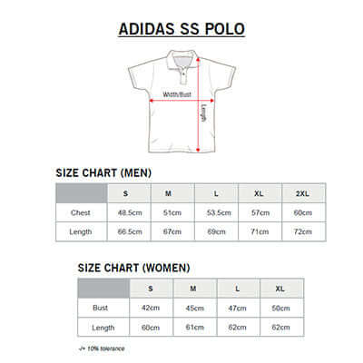 Adidas W SS Polo-T Shirt size chart for men and women, Corporate Gift Singapore
