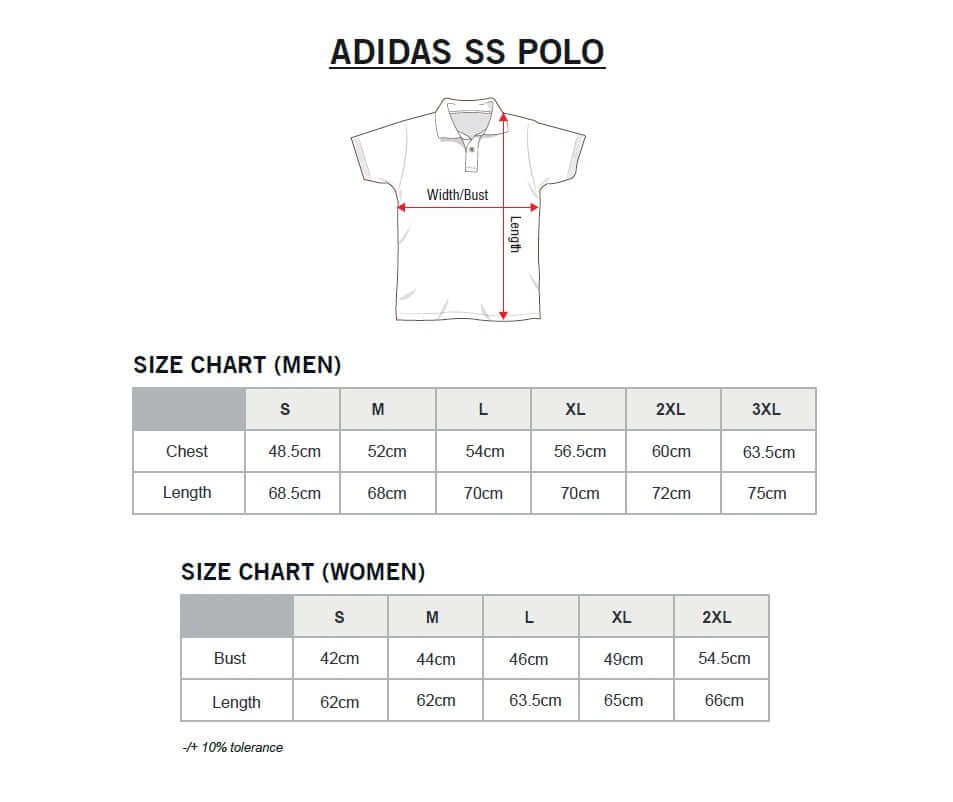 Size chart for Adidas M SS Polo-T Shirt detailing measurements for men and women.