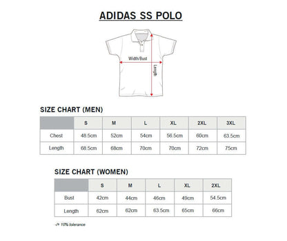 Size chart for Adidas M SS Polo-T Shirt detailing measurements for men and women.