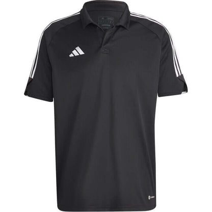 Adidas Tiro 23 Polo Tee in black with three stripes and a ribbed collar, ideal for casual and athletic wear.