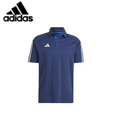 Adidas Tiro 23 Polo Tee in navy blue with stylish ribbed collar and Adidas logo, perfect for casual and athletic wear.