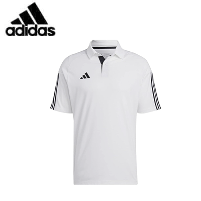 Adidas Tiro 23 Polo Tee in white with black accents and logo, ideal for corporate gift or casual wear.