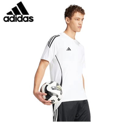 Adidas Tiro 24 Jersey model holding a soccer ball, ideal corporate gift for athletes.