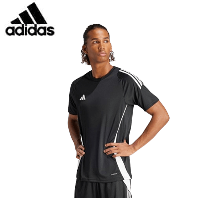 Adidas Tiro 24 Jersey model showcasing AEROREADY technology and iconic 3-Stripes design.