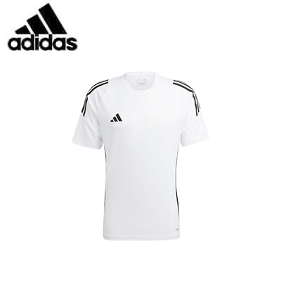 Adidas Tiro 24 Jersey in white with black accents and iconic 3-Stripes, designed for athletic performance.