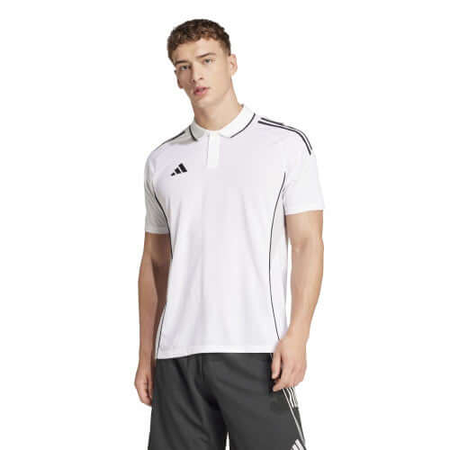 Adidas Tiro 25 Polo Tee in white, featured as a stylish corporate gift for football enthusiasts.