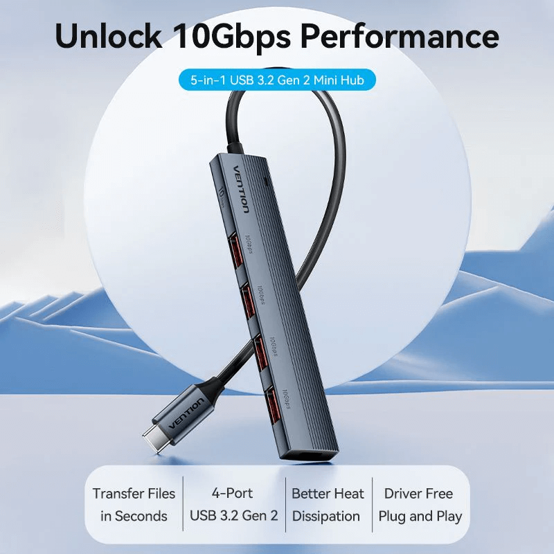 Vention 5-in-1 USB-C Mini Hub for high-speed 10Gbps data transfer and seamless connectivity in a compact design.