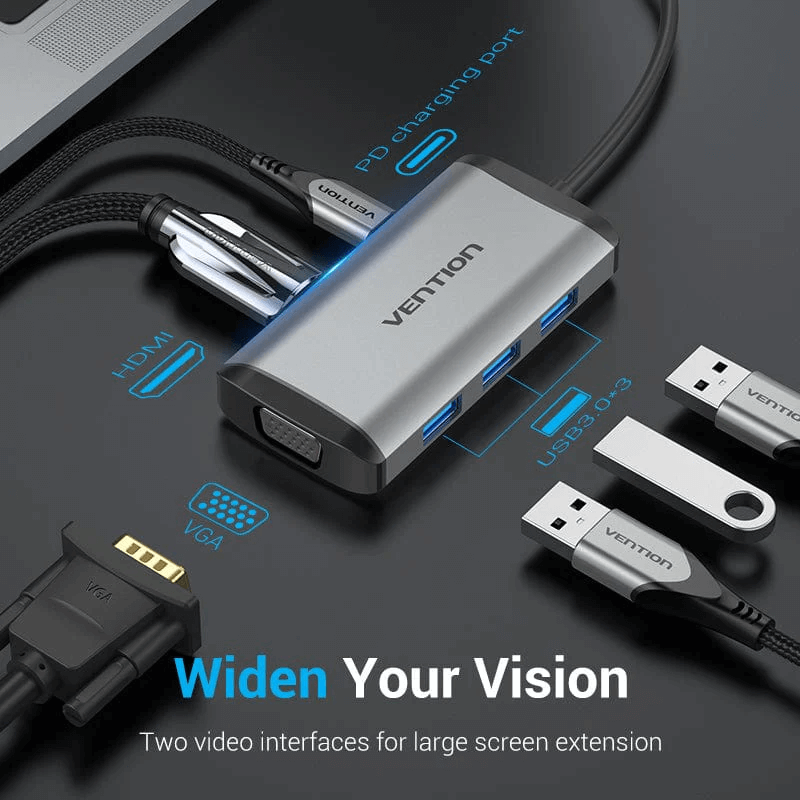 Vention 6-in-1 USB-C Docking Station with HDMI, VGA, USB ports for enhanced connectivity and fast data transfer.