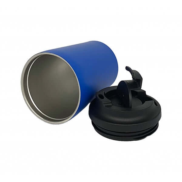 360ml Stainless Steel Mug with a blue exterior and black lid, ideal for hot and cold beverages.