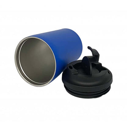 360ml Stainless Steel Mug with a blue exterior and black lid, ideal for hot and cold beverages.