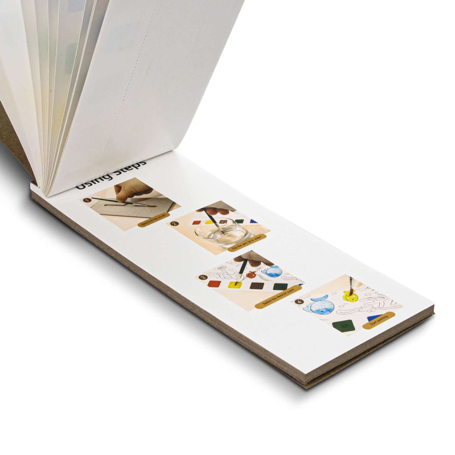Aquarelle Watercolour Bookmark Pad showing instructional pages for easy painting steps and included mini paintbrush.