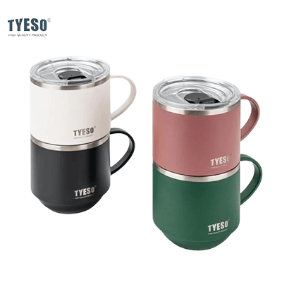 TYESO 11oz Coffee Mug in black, pink, and green, perfect for corporate gifts and keeping beverages at the right temperature.