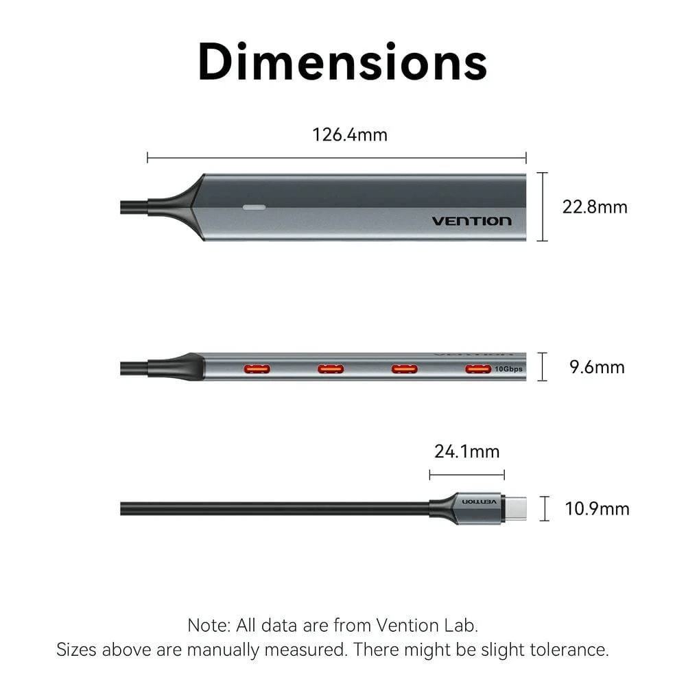 Dimensions of Vention 5-in-1 USB 3.2 Gen 2 Hub, showcasing size details for effective connectivity.