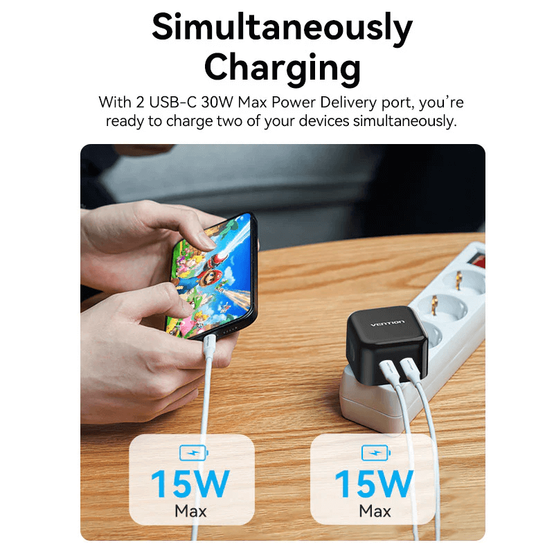 Vention 2-Port USB (C+C) GaN Charger 35W with 2 USB-C ports charging two devices simultaneously.