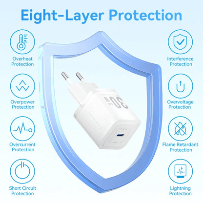 Vention 1-Port USB-C GaN Charger 30W showcasing eight-layer protection features including overheat and short circuit protection.