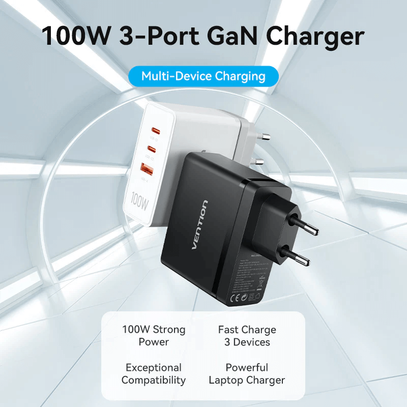 Vention 3-Port USB (C+C+A) GaN Charger 100W, powerful multi-device charging solution