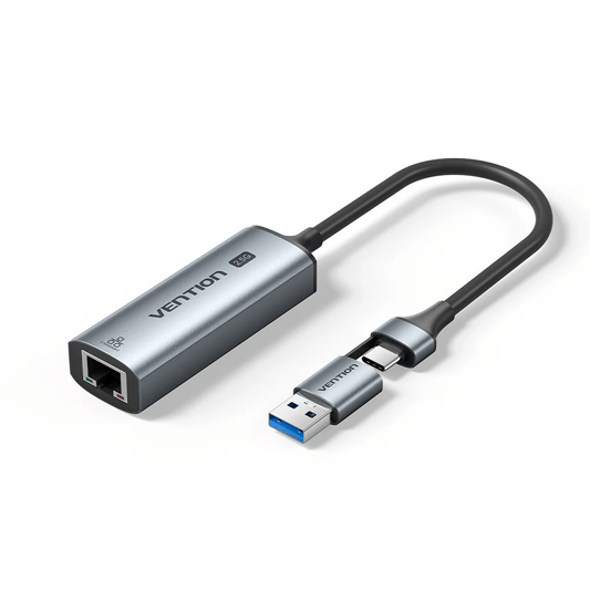 Vention USB-C/USB-A to 2.5G Ethernet Adapter with sleek aluminum design for reliable internet connectivity.