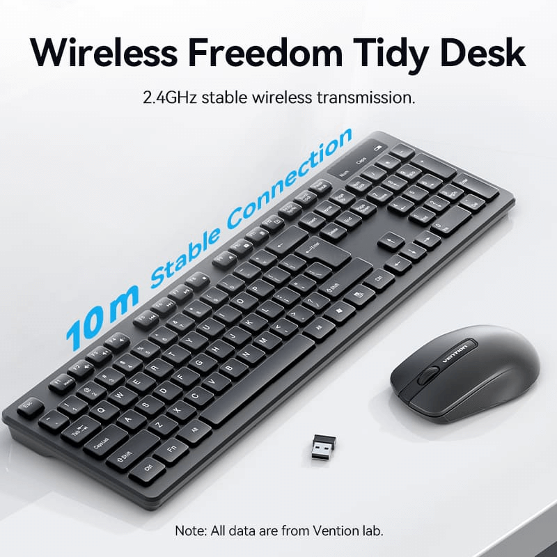 Vention Wireless Full-Sized Keyboard and Mouse Combo with Mouse Pad shown with stable 10m wireless connection.