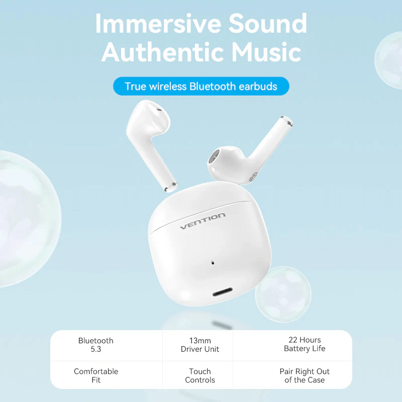 Vention True Wireless Bluetooth Earbuds Elf E02 showcasing immersive sound and touch controls for seamless connectivity.