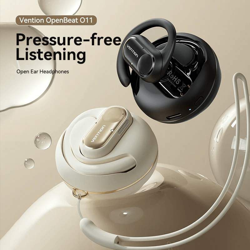 Vention Wireless Bluetooth Open Ear Headphones OpenBeat in black and cream for pressure-free listening.