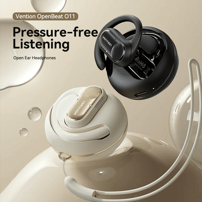 Vention Wireless Bluetooth Open Ear Headphones OpenBeat in black and cream for pressure-free listening.